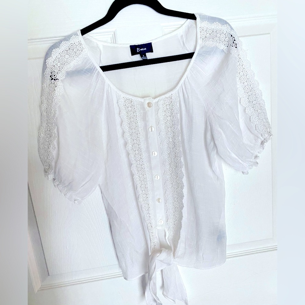 Women’s Short Sleeve Sheer Button Down Peasant Blouse with Eyelet Detail Small